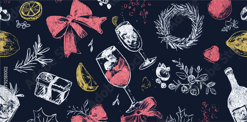 Ilustración vectorial de cócteles festivos con adornos, limones y regalos, perfecta para celebraciones.