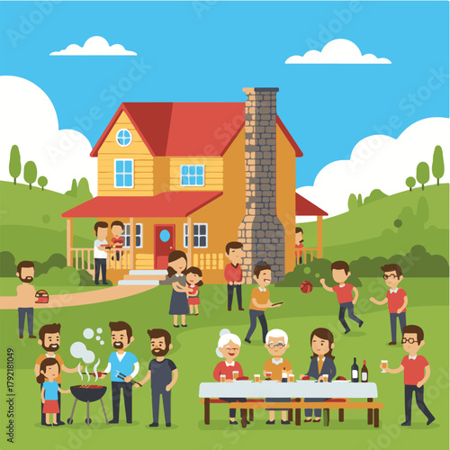A large family gathers for an outdoor barbecue and picnic in front of a yellow house with a red roof on a sunny day.