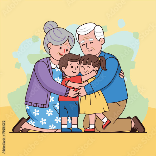 A heartwarming illustration of grandparents embracing their grandchildren, a boy and a girl, in a loving hug, set against a soft yellow background.