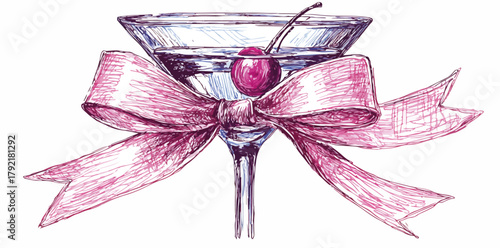Delicioso cóctel de martini con cereza y lazo rosa, ilustración vectorial dibujada a mano.