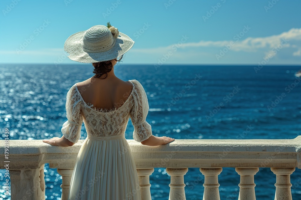 Obraz premium back view woman in white dress standing on balcony overlooking ocean. She wearing white hat and she enjoying view