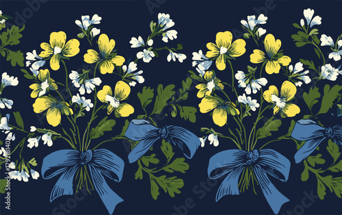 Elegante borde vectorial de flores amarillas y blancas con lazos azules sobre fondo azul oscuro.
