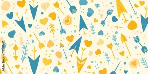 Patrón de vector de corazones y flechas de estilo tribal en tonos pastel para diseño romántico.