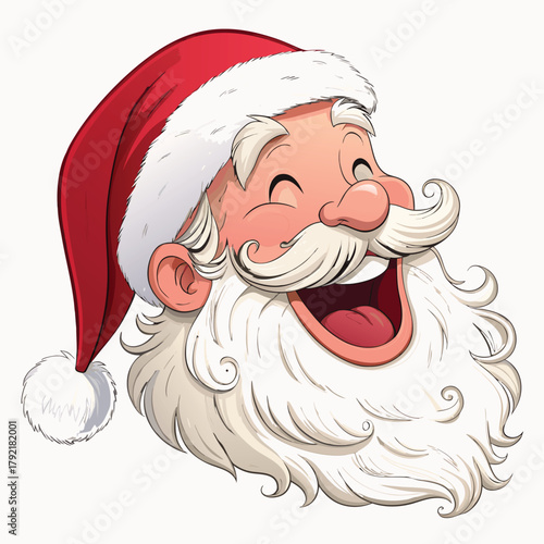 Close-up Cartoon Portrait of a Happy Santa Claus Head Laughing Out Loud, Isolated on a White Background