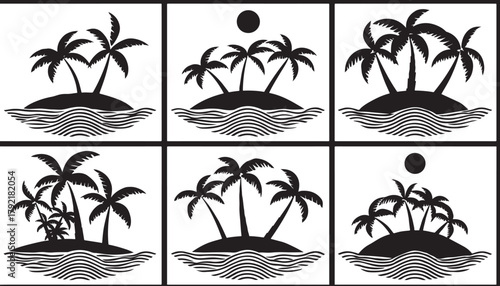 Tropical Island Vector Illustration with Palm Trees and Ocean Waves Pattern