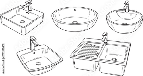 Collection of various sinks and faucets in a line drawing style