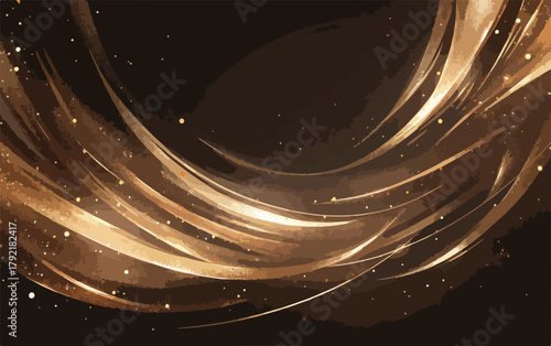 Fondo abstracto de vector dorado con remolinos brillantes y partículas de luz sobre un fondo oscuro.