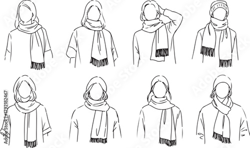 Diverse Scarf Styles: Line Art Illustrations of Women's Fashion