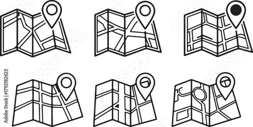 Set of six map icons with location pins, black and white line art