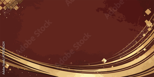 Fondo abstracto de vector con formas geométricas doradas y líneas fluidas sobre un fondo marrón oscuro.