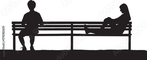 Silhouette of couple sitting on a bench in black and white