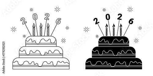 Vector illustration of 2026 number placed on cake with candles on transparent background