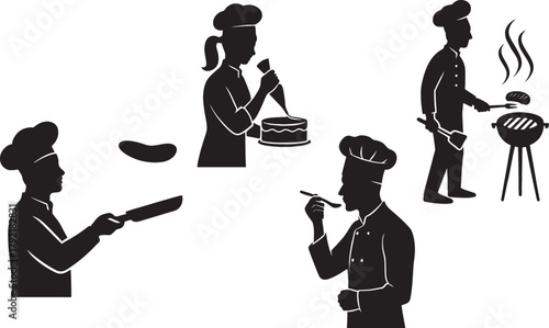 Professional Chefs Preparing Food Black Silhouette Illustrations for Culinary Projects