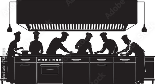 Professional Chefs Cooking in Commercial Kitchen Silhouette Illustration Black and White