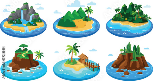 Collection of Six Illustrated Tropical Islands with Beaches and Lush Vegetation