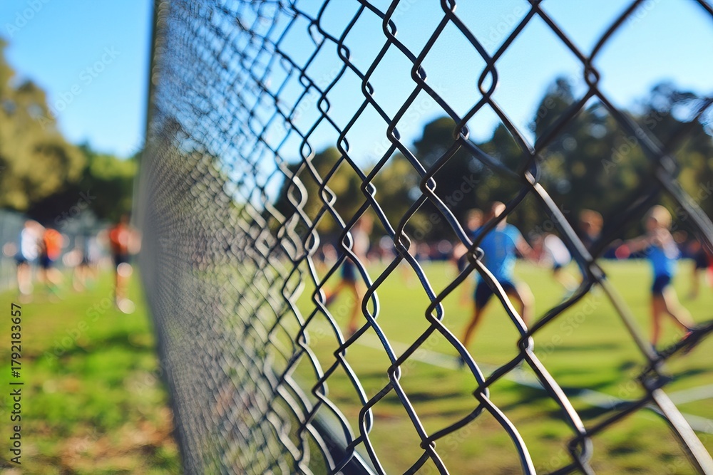 Obraz premium group of young athletes engage in soccer practice on grassy field. scene is framed by chain-link fence, with clear blue skies and trees in background, showcasing lively day