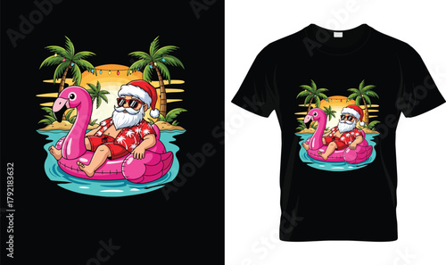 Beach Santa on Flamingo Float Tropical Christmas Vacation T-Shirt