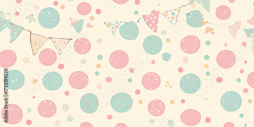 Fondo festivo vectorizado con guirnaldas y lunares en tonos pastel para celebraciones infantiles.