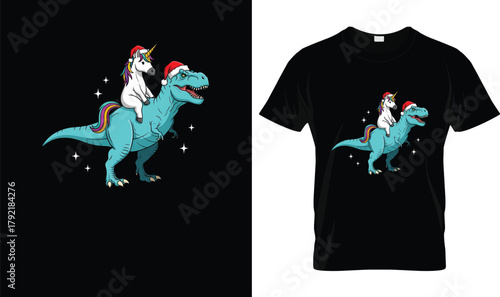 Cute Christmas Unicorn Riding T-Rex T-Shirt Design with Santa Hats and Fun Holiday Cartoon Illustration