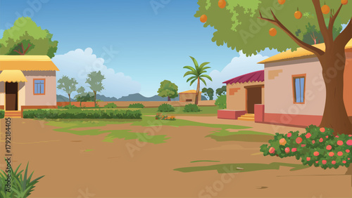 Beautiful Asian Mountain Valley Village with Green Hill Views, vector illustration ai generated