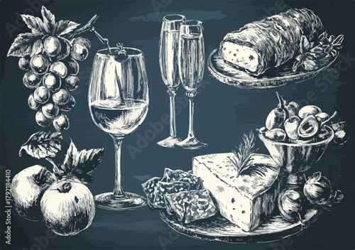 Ilustración vectorial de bodegón con vino, queso, frutas y pan sobre fondo de pizarra, estilo boceto.