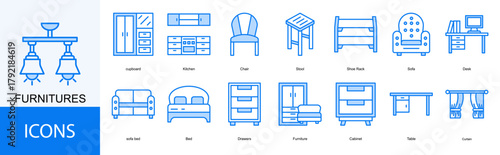 furnitures icon collection set. Containing Kitchen, Chair, Stool, Shoe Rack, Sofa, Desk icon
