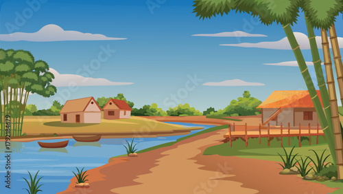 Vibrant Asian Mountain Village Surrounded by Greenery, vector illustration ai generated