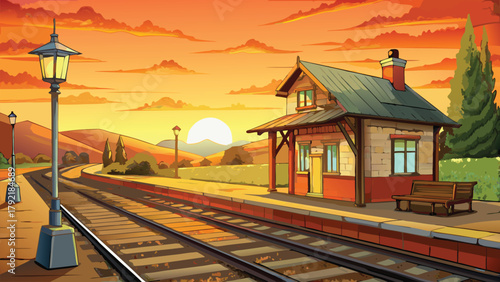 Beautiful oranges sky over small countryside railway station vector illustration ai generated