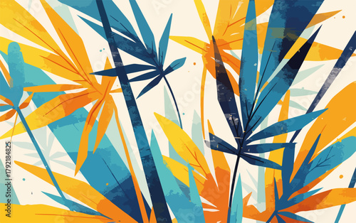 Fondo abstracto de hojas tropicales estilizadas en colores vibrantes de azul, naranja y amarillo, estilo vectorial.