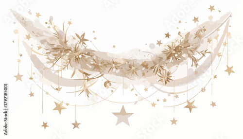 Elegante guirnalda de estrellas doradas y elementos festivos, vector de acuarela para decoración