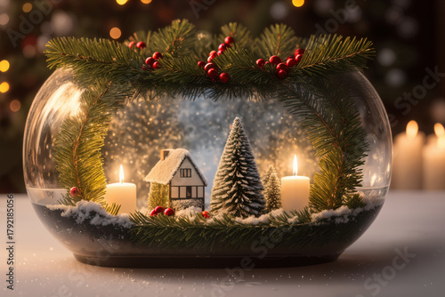 Glass sphere with a miniature house and Christmas tree decorated for Christmas, winter snowy nature in the background, a beautiful backdrop for the New Year holidays
