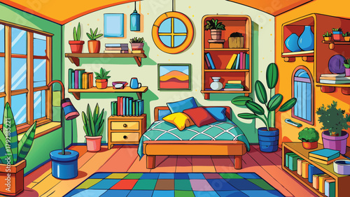 A stylized cartoonish depiction of a cozy bedroom 2 vector illustration ai generated