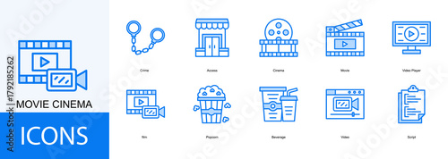 movie cinema icon collection set. Containing Crime, Access, Cinema, Movie, Video Player, film icon