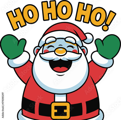 Happy santa claus saying ho ho ho with open arms and green mittens