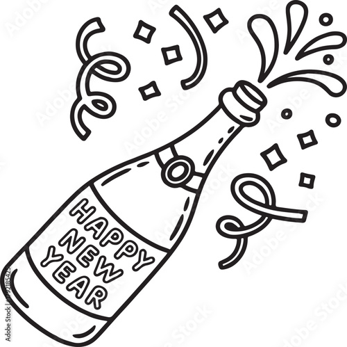 Champagne bottle popping with happy new year message and confetti