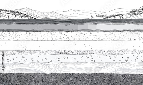 Ilustración vectorial de capas geológicas del suelo, subsuelo y paisaje natural.