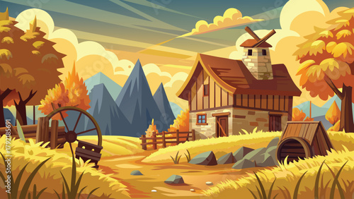 Autumn village view with yellow grain fields vector illustration ai generated