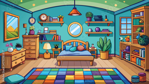 A stylized cartoonish depiction of a cozy bedroom vector illustration ai generated