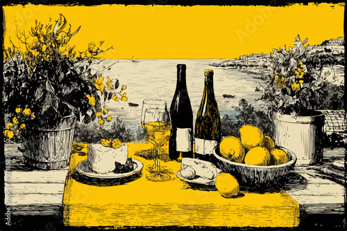 Bodegón de verano con vino, limones y postre frente al mar en estilo vector.