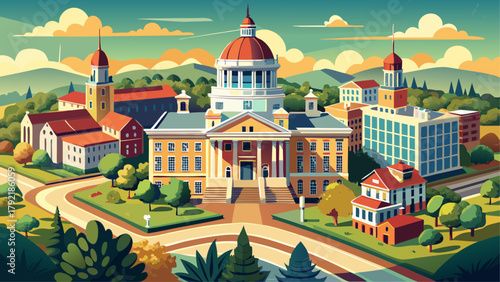 Very beautiful aerial view of Cole County Courthouse and Jail–Sheriff’s House in Jefferson City, Missouri, highlighting historic architecture, detailed rooftops, and surrounding urban landscape, with 