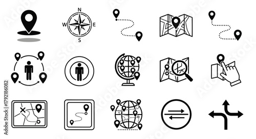 Ascending collection of minimalist navigation and location icons. Vector symbols for maps, routes, and GPS tracking