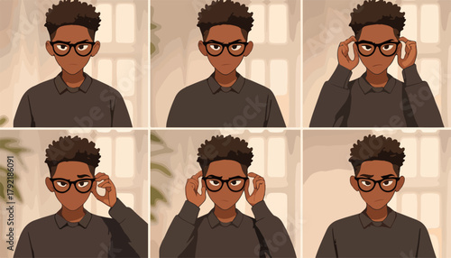 Colección de seis viñetas de un joven con gafas ajustándose sus lentes en diferentes poses, estilo vector.