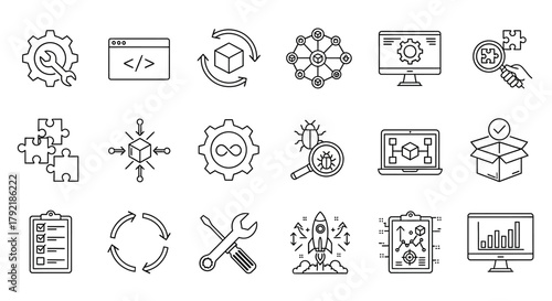 A versatile set of thin line icons illustrating the software development lifecycle, agile methodology, and DevOps automation