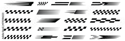 Racing car stripes and checkered pattern vector set, finish line graphics, motocross labels, dynamic speed lines, motorsport decals, sport car wraps