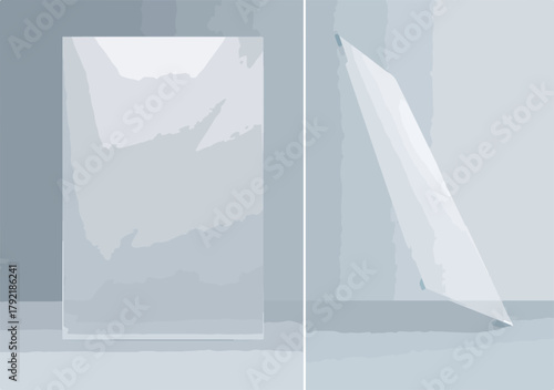 Dos rectángulos transparentes, uno vertical y otro inclinado, sobre un fondo gris minimalista.