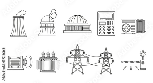 Set of thin line icons for the power industry, vector illustration of electricity generation, transmission, and industrial energy equipment