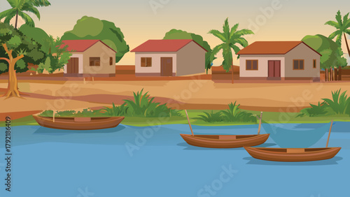 Colorful Asian Mountain Community with Soft Green Hills, vector illustration ai generated