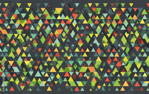 Fondo abstracto de triángulos y rombos de colores vibrantes sobre un oscuro patrón geométrico.