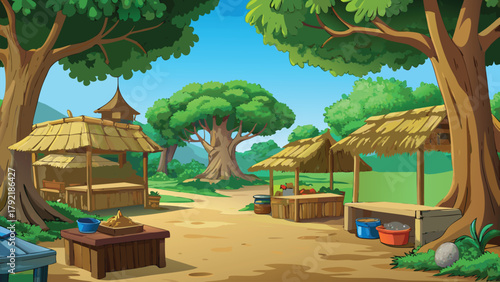 Asian Mountain Village Full of Joy Set Among Green Hills, vector illustration ai generated