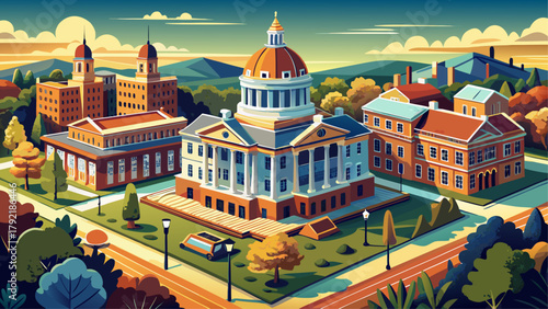 Very beautiful aerial view of Cole County Courthouse and Jail–Sheriff’s House in Jefferson City, Missouri, highlighting historic architecture, detailed rooftops, and surrounding urban landscape, with 